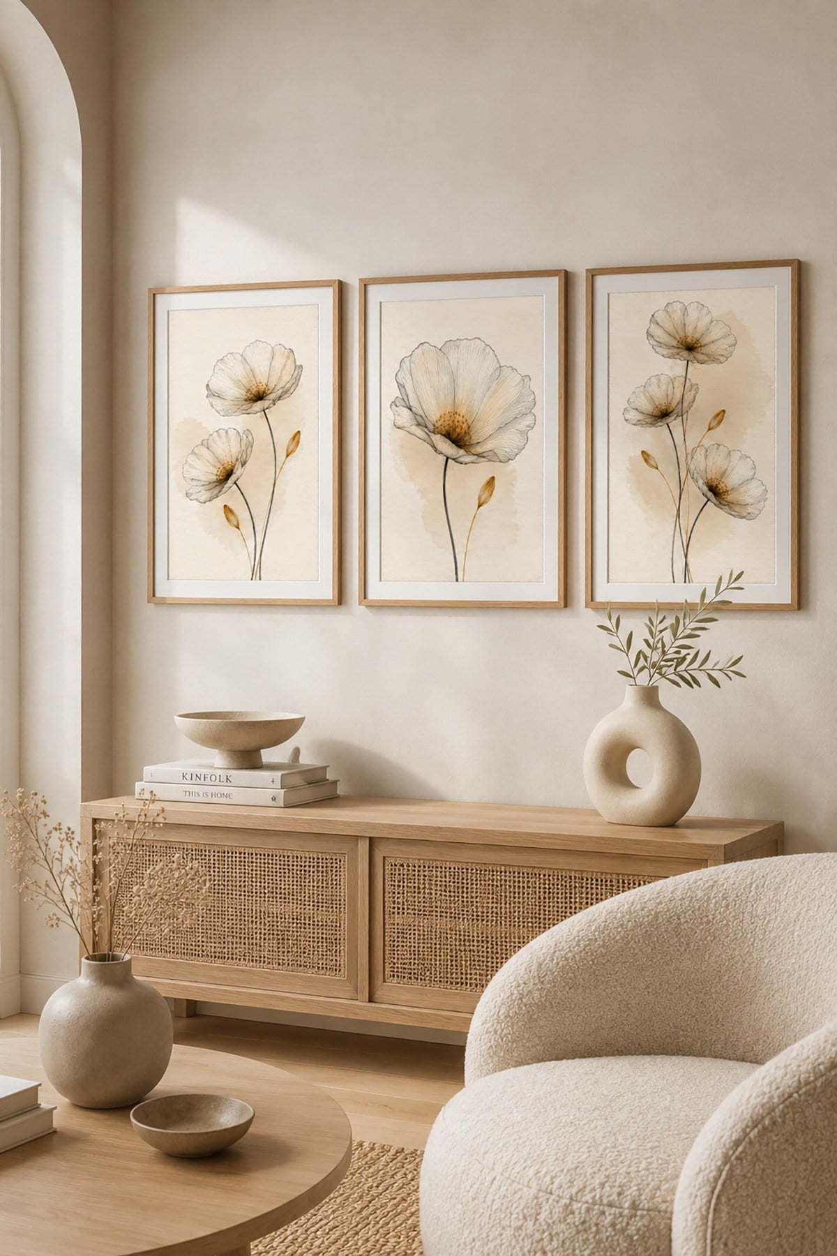 Çiçek Temalı 3’lü Ahşap Dekoratif Tablo Seti – Minimalist Botanik Duvar Dekoru