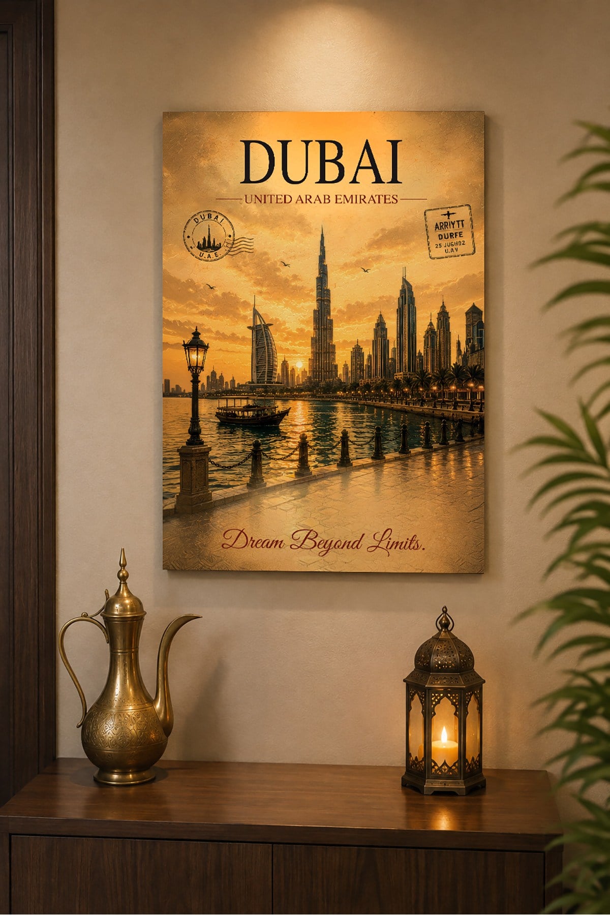 Dubai Temalı Ahşap Duvar Tablosu – Vintage Şehir Dekoratif Tablo