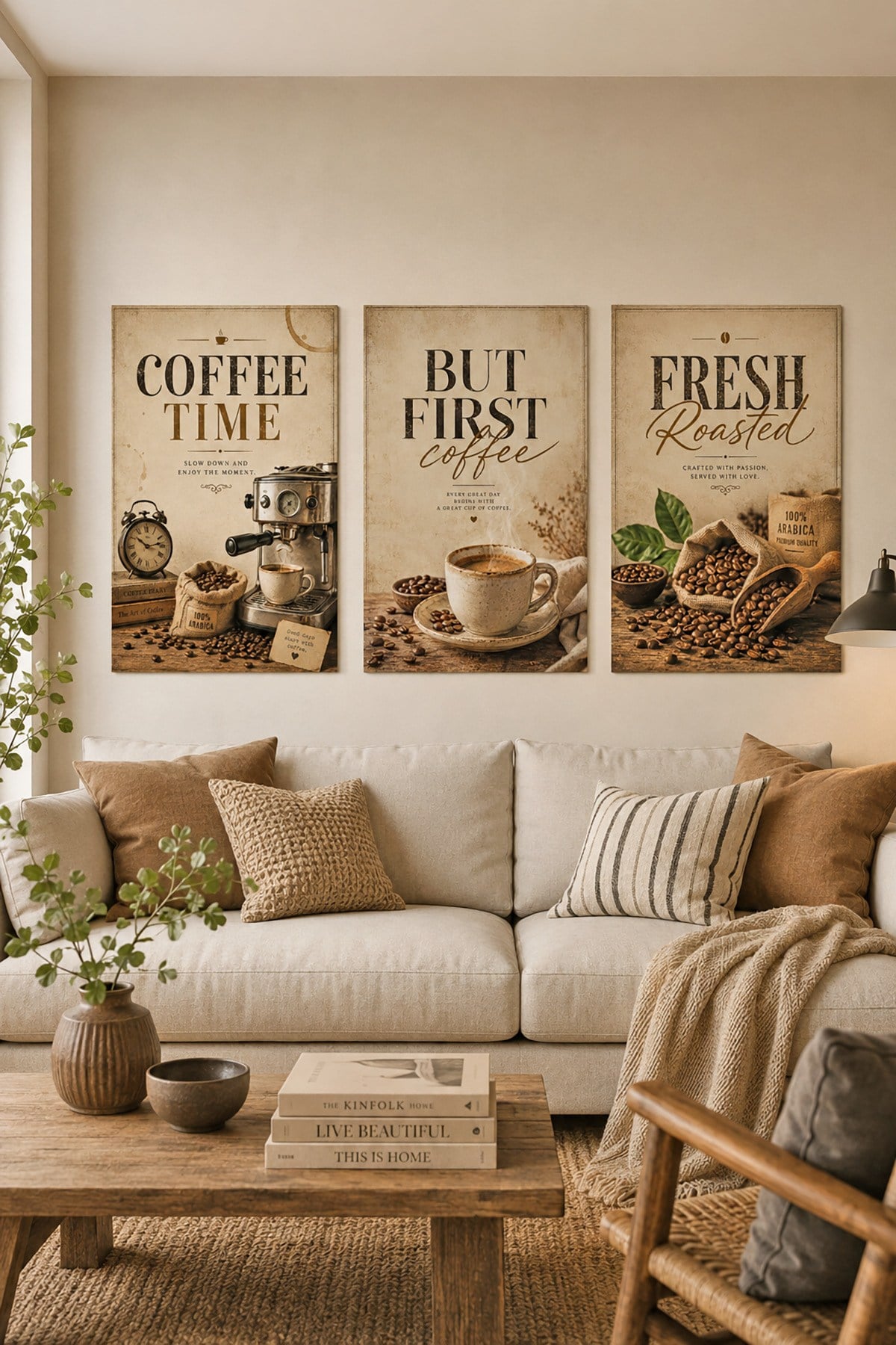 Kahve Temalı 3’lü Ahşap Dekoratif Tablo Seti – Coffee Time Mutfak Kafe Duvar Dekoru