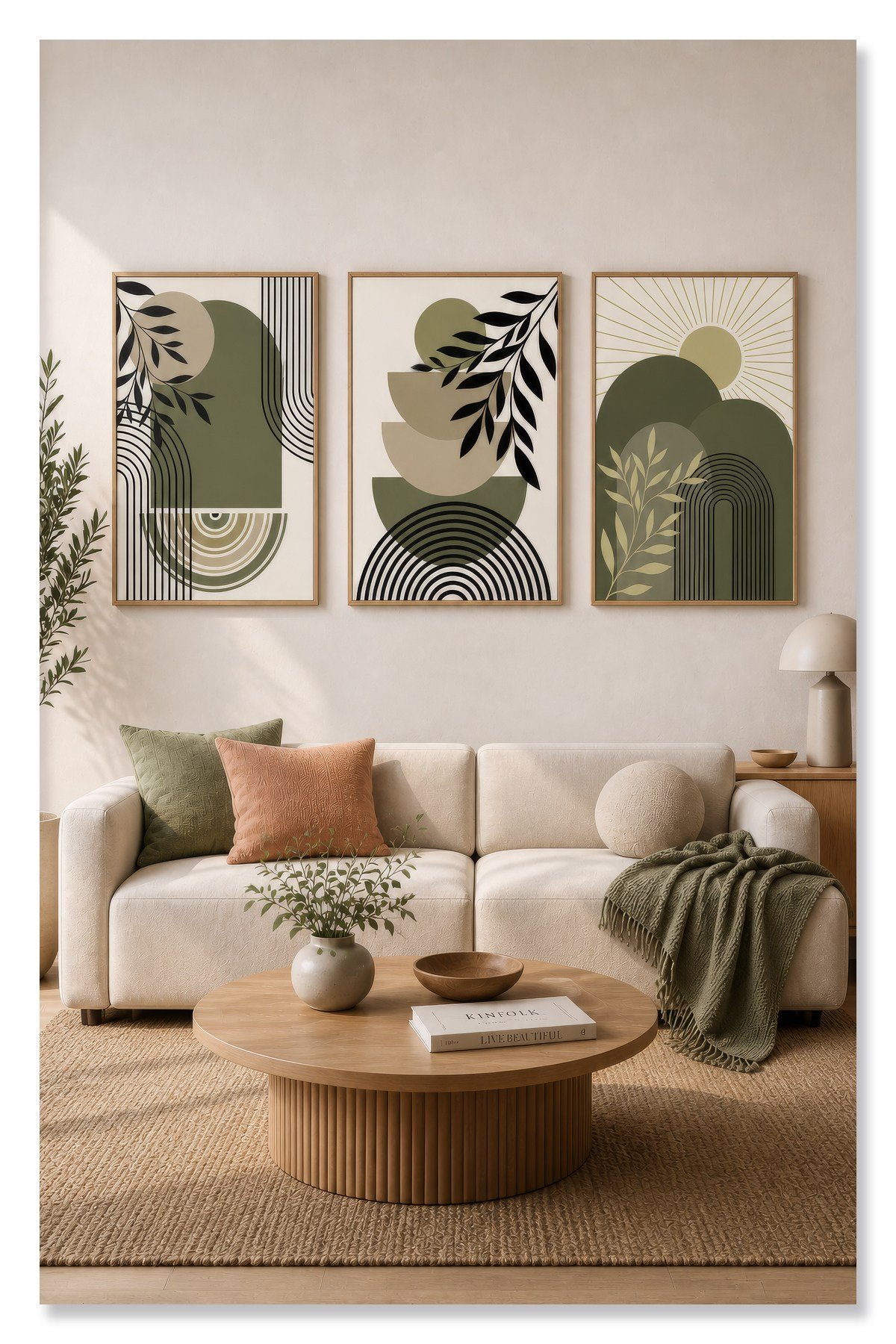 Modern Bohem 3’lü Soyut Duvar Tablo Seti Minimal Yeşil Bej Dekoratif Tablo Çerçeve Görünümlü