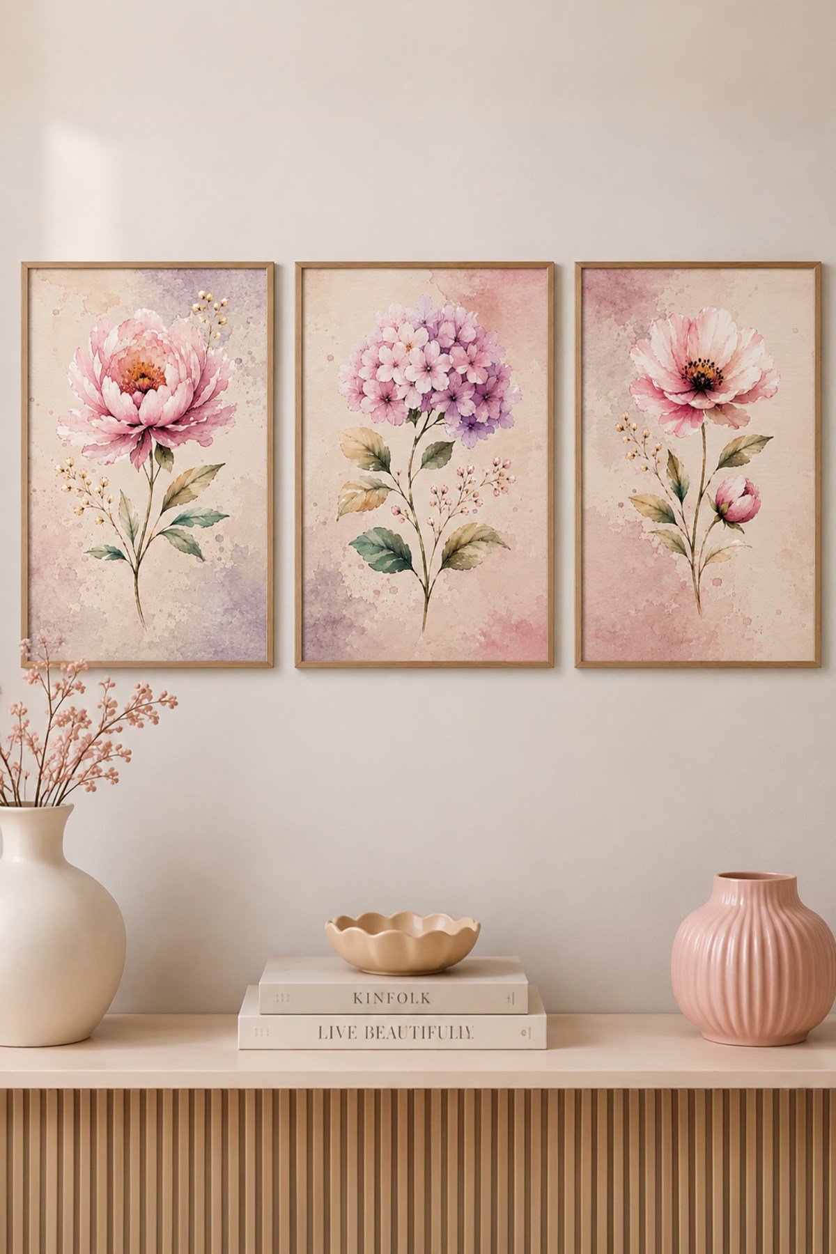 Pembe Çiçek Temalı 3’lü Ahşap Dekoratif Tablo Seti – Çiçekli Tablo Duvar Dekoru