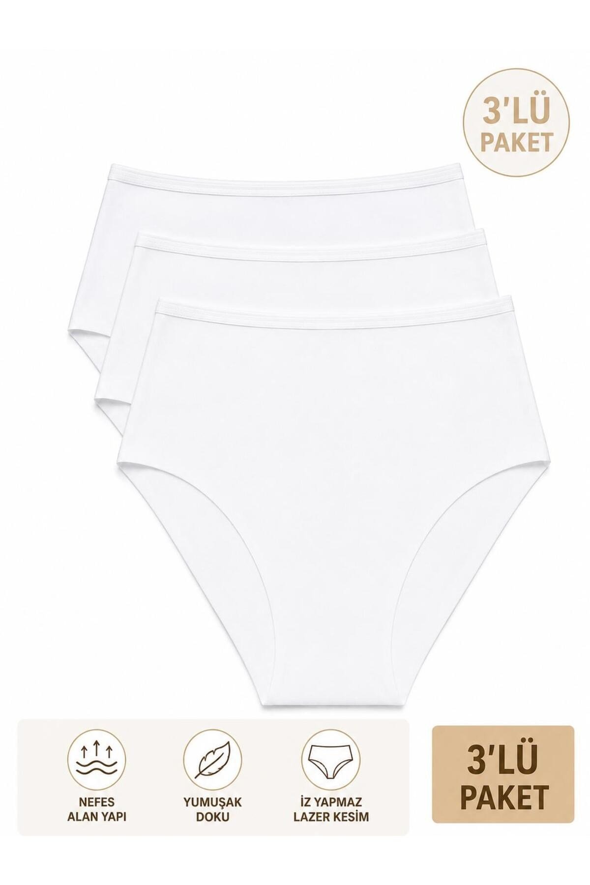 Kadın (Beli Lastikli) 3'lü Dikişsiz Lazer Kesim Iz Yapmaz Likralı Yüksek Bel Bikini Slip Külot Premium Esnek ve Yumuşak