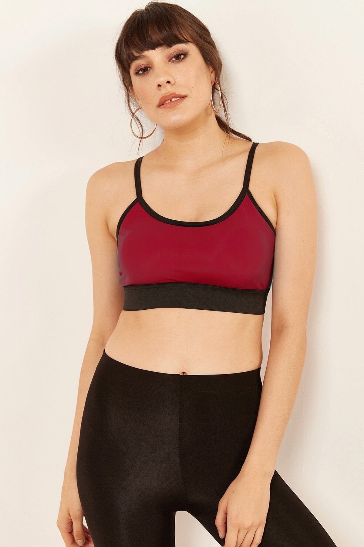 Kadın Bordo Çapraz Ince Ip Askılı Destekli Spor Sütyeni