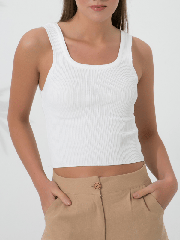 Kadın Fitilli Görünümlü Pedli Kalın Askılı Basic Beyaz Atlet Crop