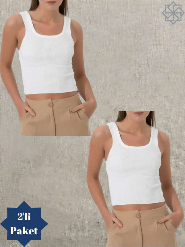 Kadın Fitilli Görünümlü Pedli Kalın Askılı Basic Beyaz Atlet Crop