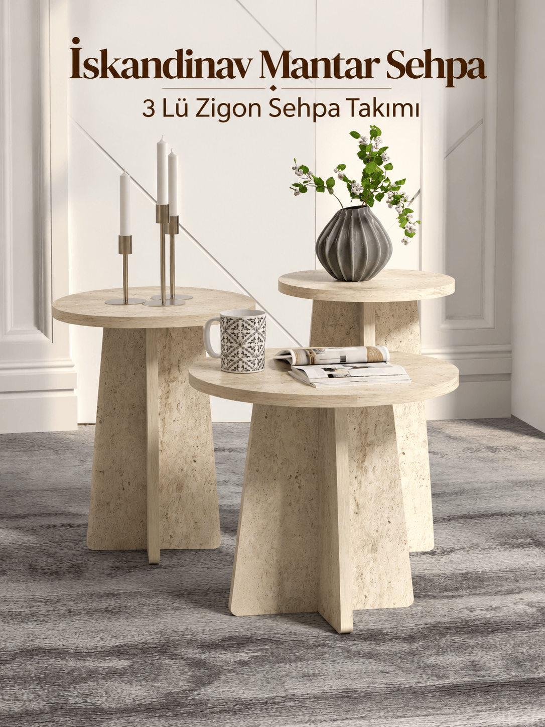 İskandinav Mantar Sehpa 3'lü Zigon Sehpa Takımı - Traverten