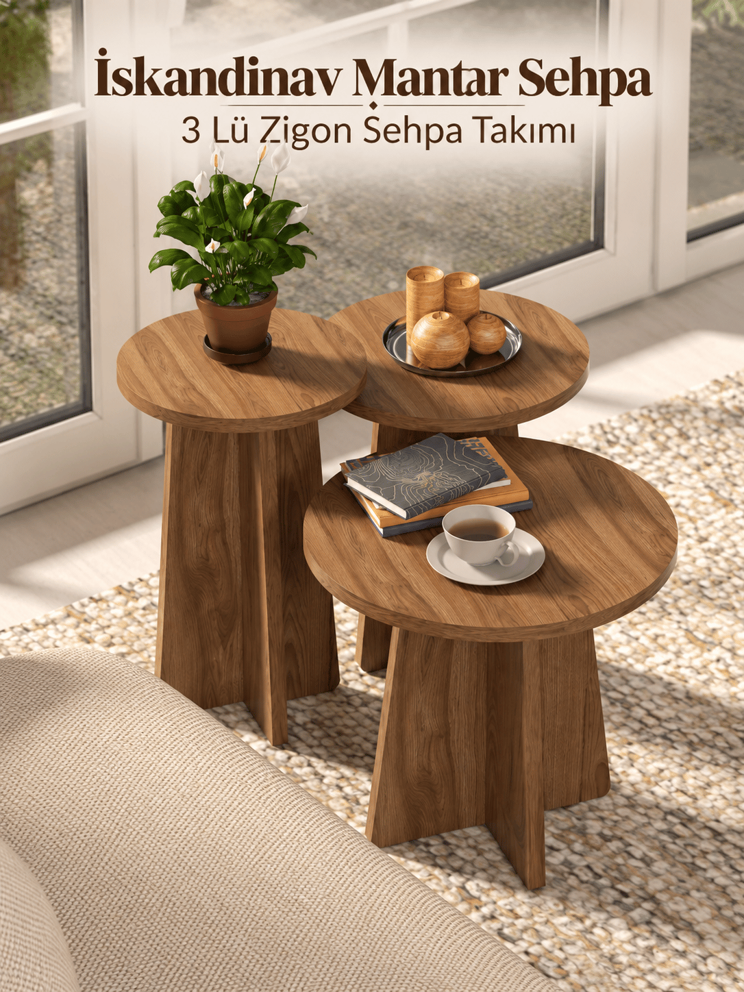 İskandinav Mantar Sehpa 3'lü Zigon Sehpa Takımı - Ahşap Desen