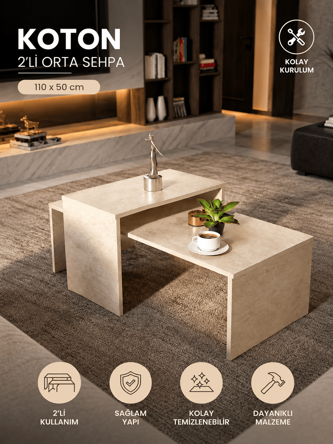 Koton 2'Li Orta sehpa | Salon Sehpası - Traverten