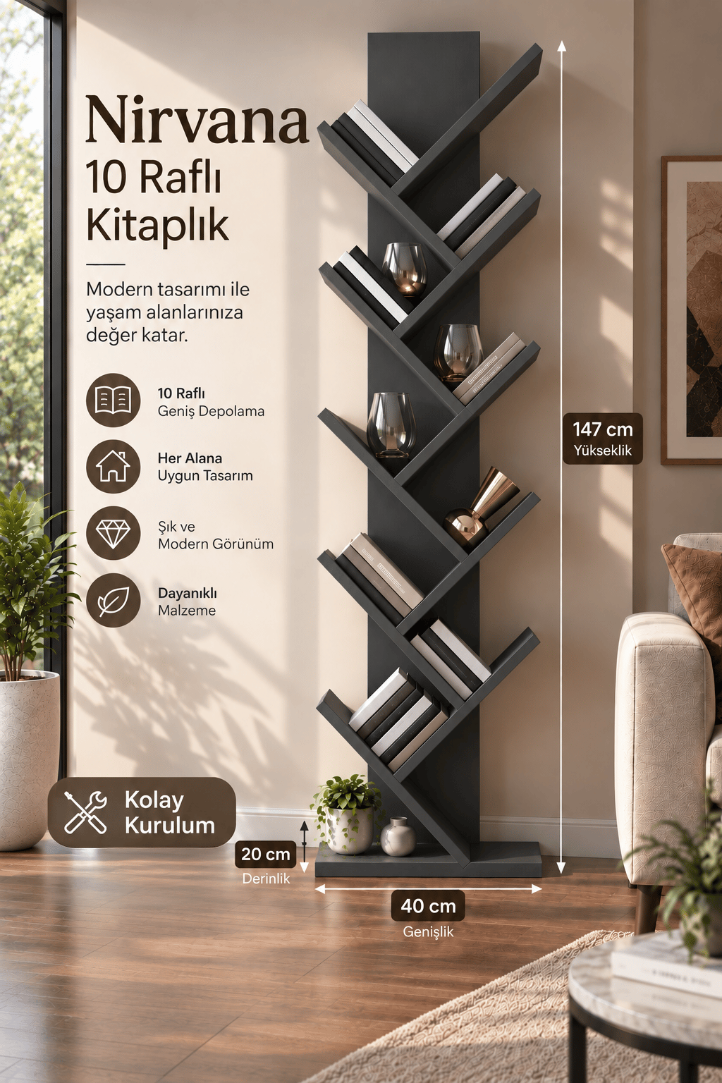 Nirvana 10 Raflı Kitaplık - Antrasit