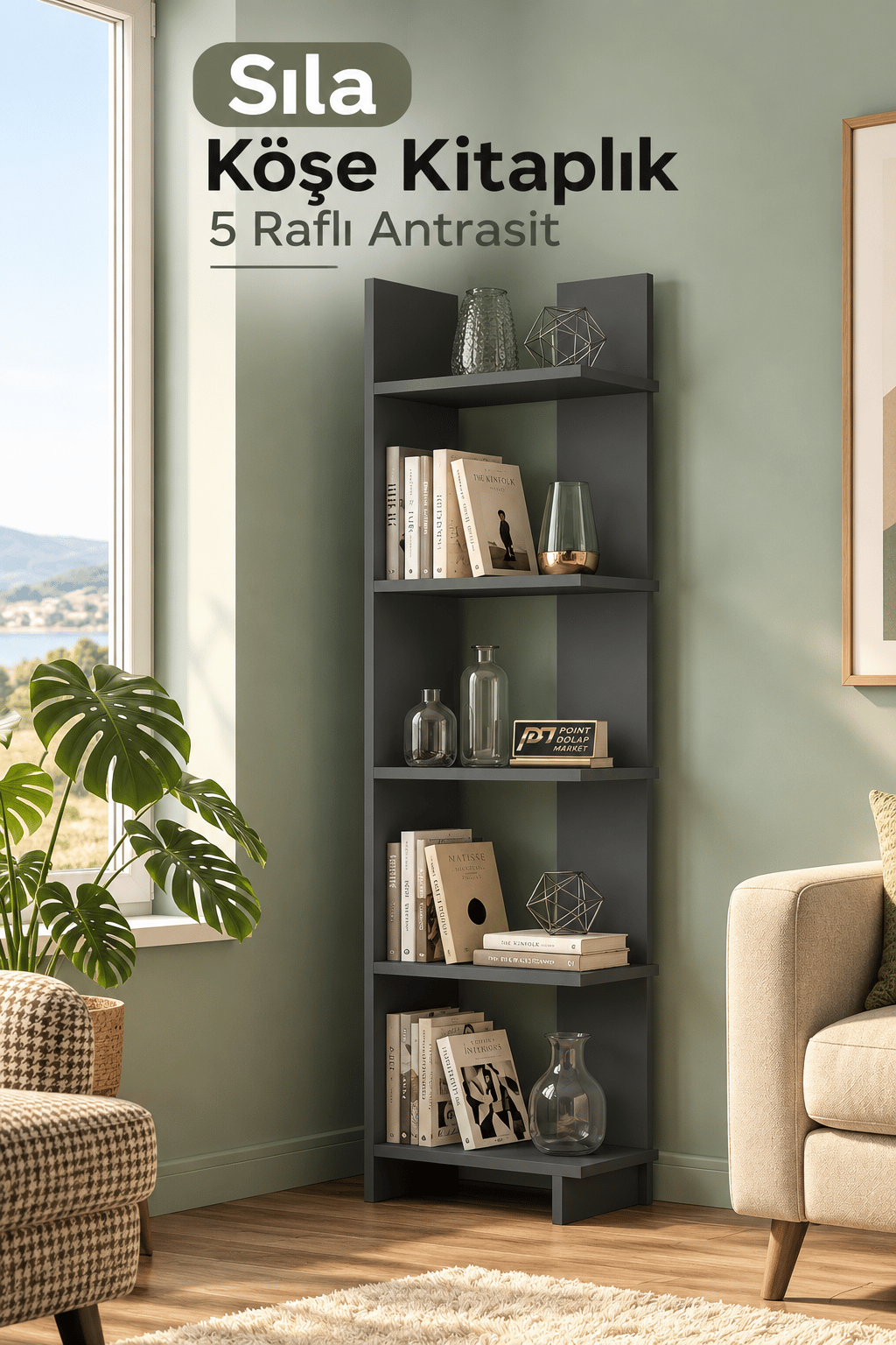 Sıla Köşe Kitaplık 5 Raflı - Antrasit
