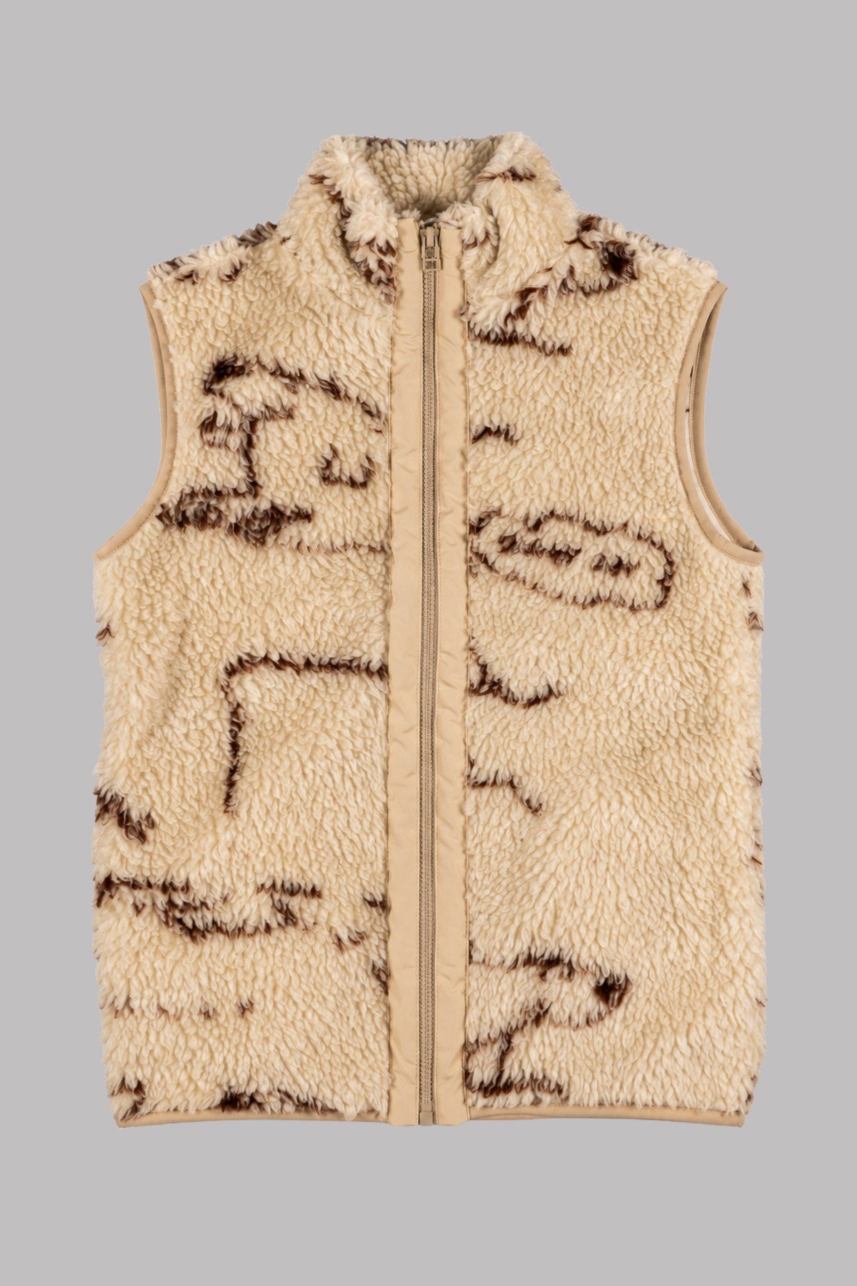 Çocuk Bej Kahverengi Soyut Desenli Peluş Yelek – Dik Yaka, Fermuarlı, Cepsiz, Oversize
