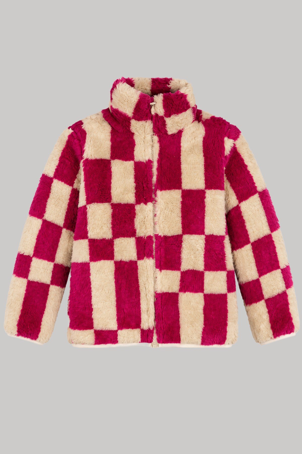 Çocuk Fuşya Ekru Dama Desenli Peluş Ceket – Dik Yaka, Fermuarlı, Cepsiz, Oversize