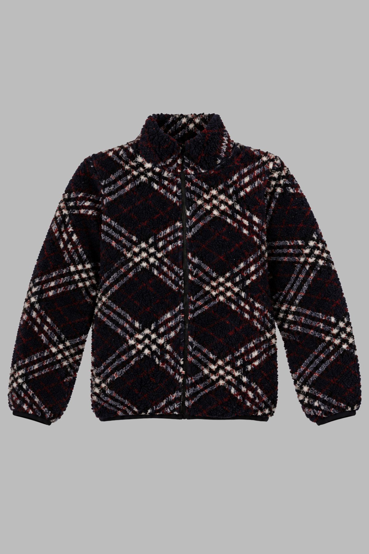 Çocuk Lacivert Bordo Ekose Desenli Peluş Ceket – Dik Yaka, Fermuarlı, Cepsiz, Oversize