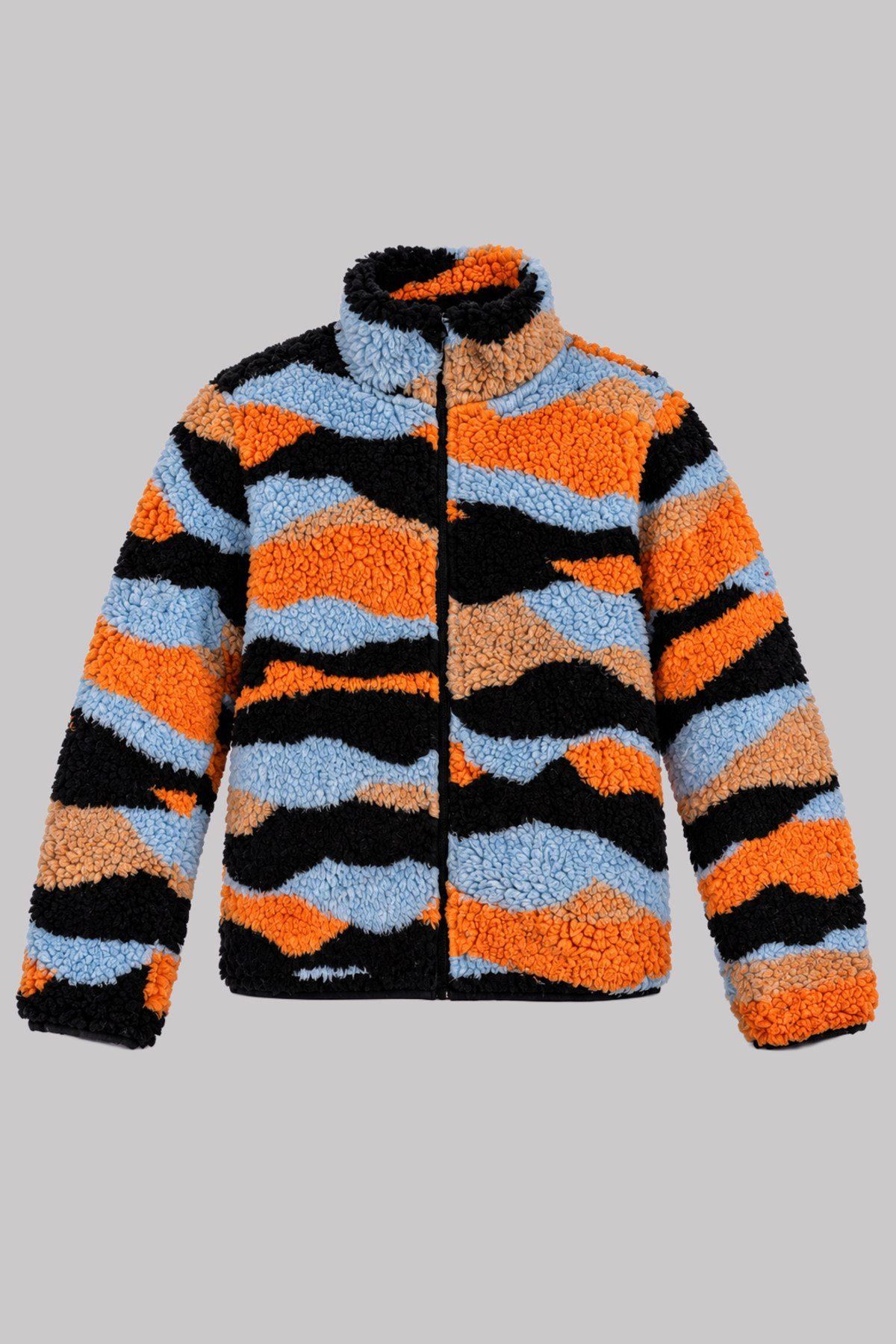 Çocuk Lacivert Turuncu Dalga Desenli Peluş Ceket – Dik Yaka, Fermuarlı, Cepsiz, Oversize