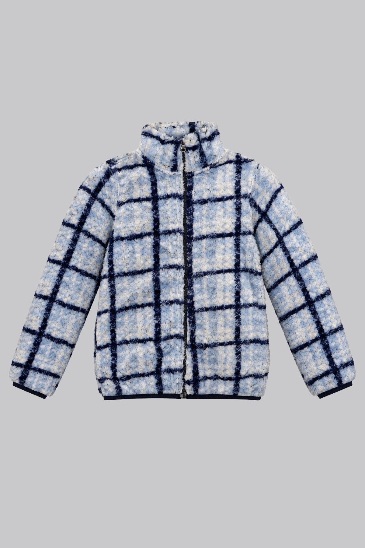Çocuk Mavi Ekru Pencere Ekose Desenli Peluş Ceket – Dik Yaka, Fermuarlı, Cepsiz, Oversize