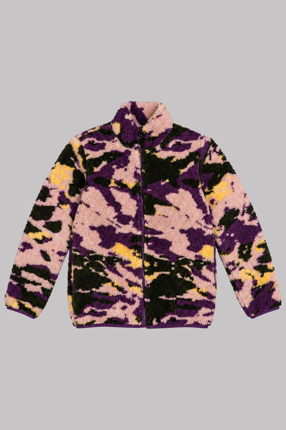 Çocuk Pembe Mor Soyut Desenli Peluş Ceket – Dik Yaka, Fermuarlı, Cepsiz, Oversize