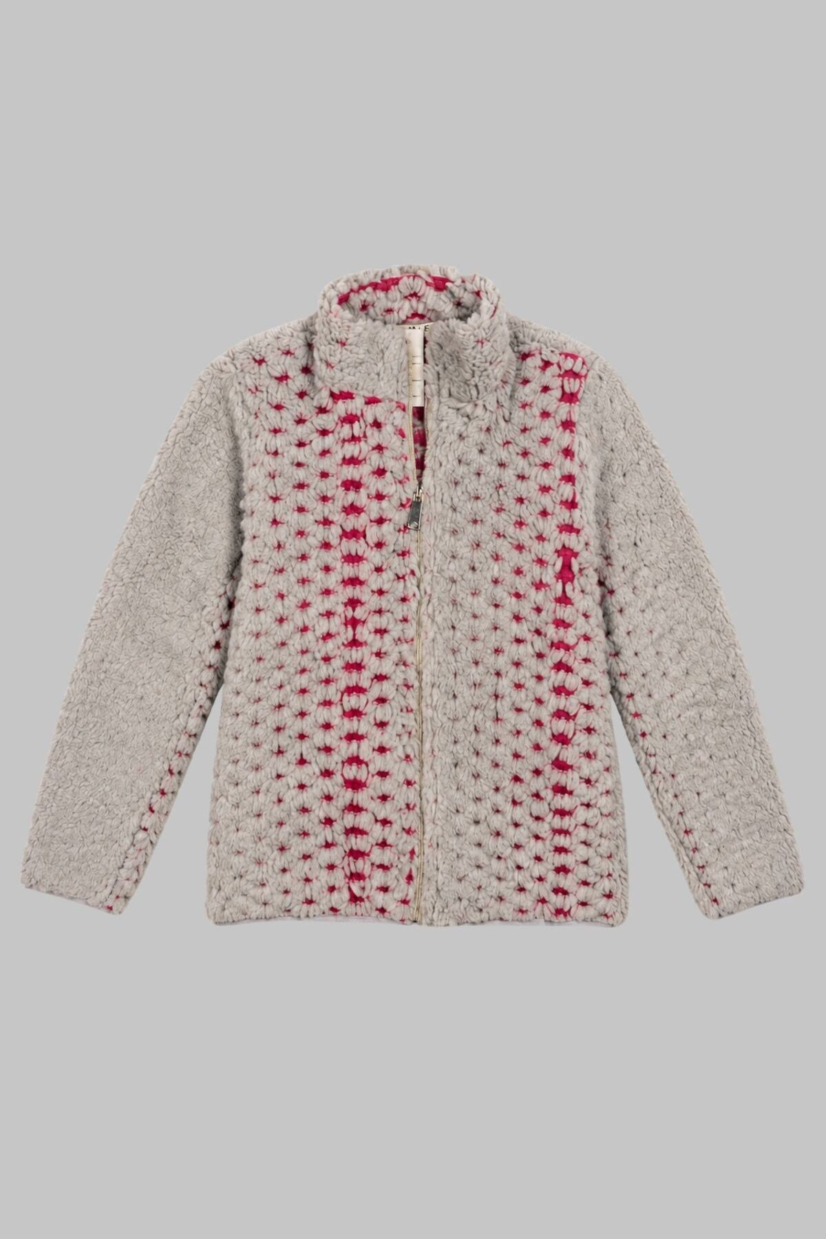 Çocuk Pembe Mor Soyut Desenli Peluş Ceket – Dik Yaka, Fermuarlı, Cepsiz, Oversize