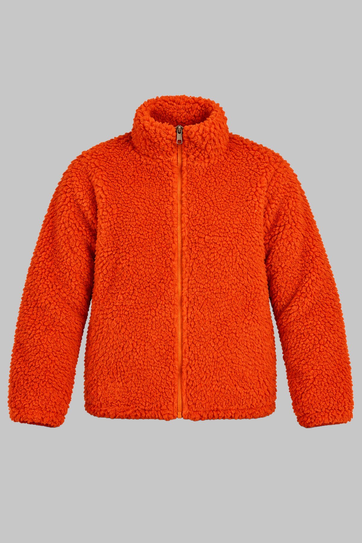 Çocuk Turuncu Düz Renk Peluş Ceket – Dik Yaka, Fermuarlı, Cepli, Oversize