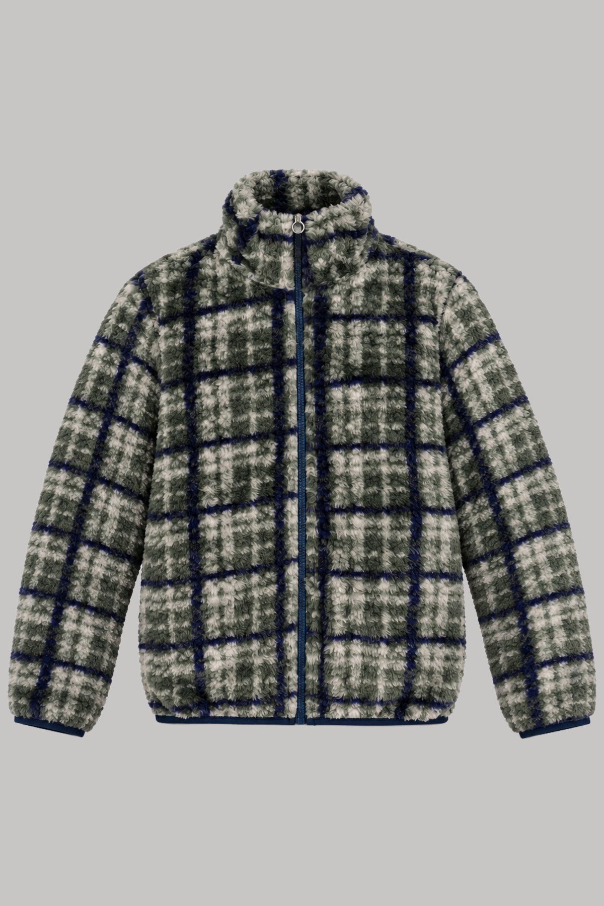 Çocuk Yeşil Gri Pencere Ekose Desenli Peluş Ceket – Dik Yaka, Fermuarlı, Cepsiz, Oversize