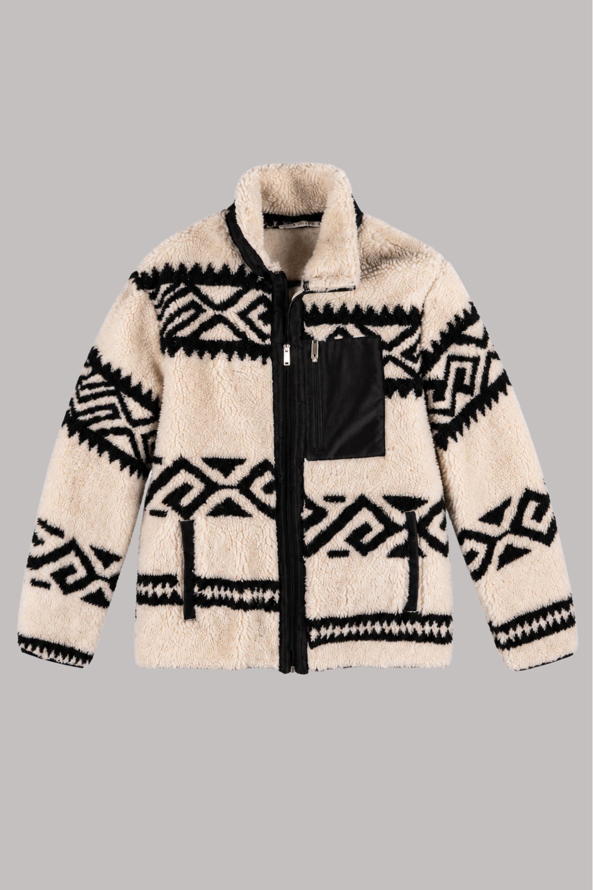 Unisex Ekru Siyah Etnik Geometrik Desenli Peluş Ceket – Dik Yaka, Fermuarlı, Cepli
