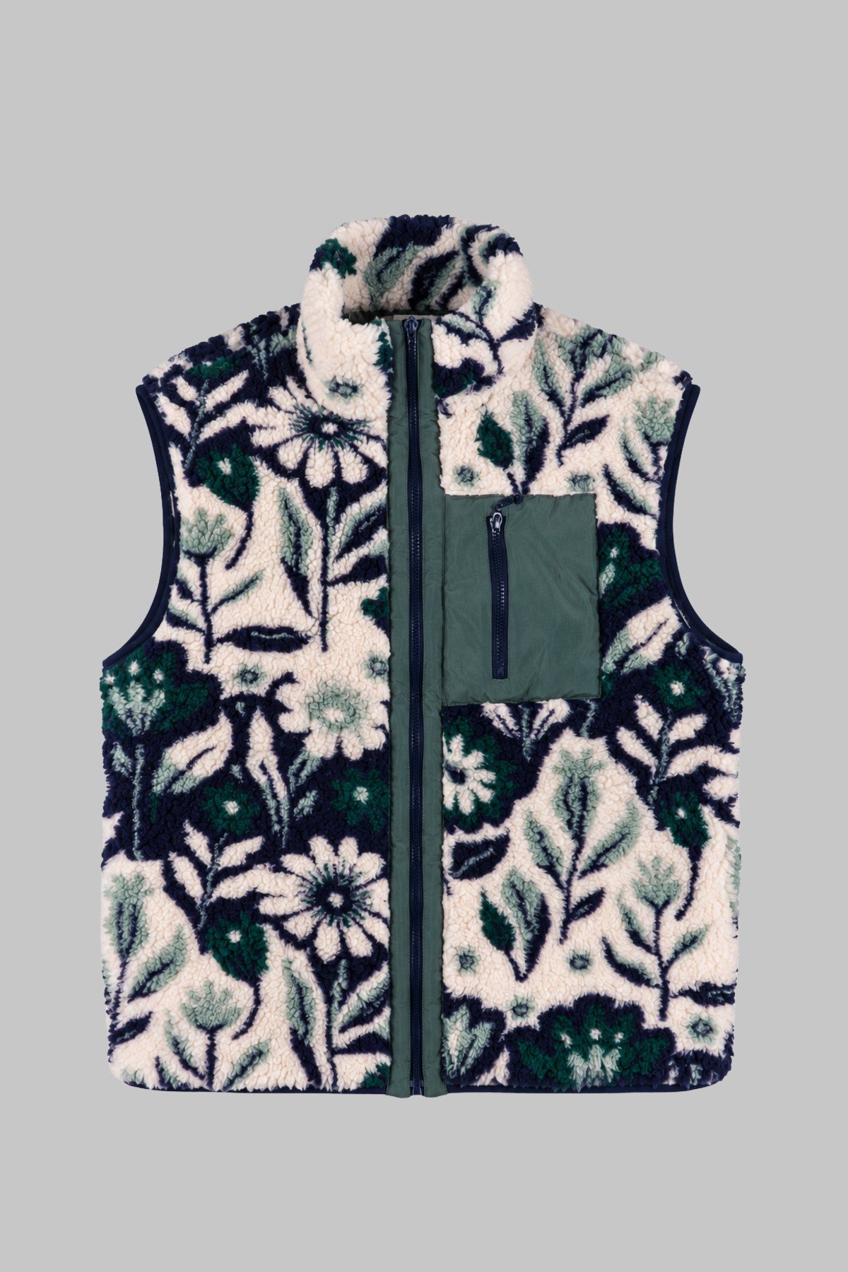 Unisex Lacivert Yeşil Krem Çiçek Desenli Peluş Yelek – Dik Yaka, Fermuarlı, Kolsuz, Oversize