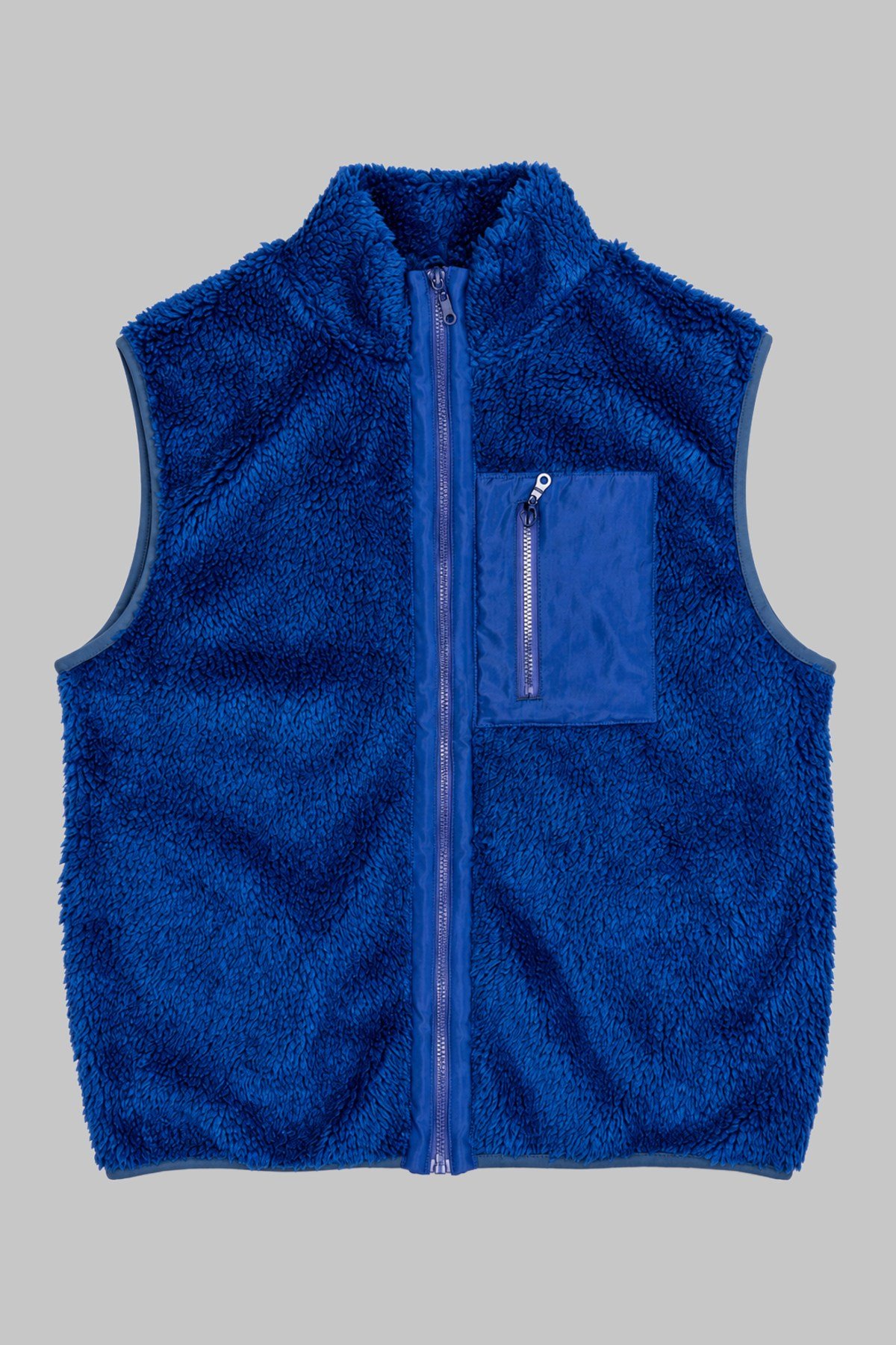 Unisex Saks Mavisi Düz Peluş Yelek – Dik Yaka, Fermuarlı, Kolsuz, Oversize