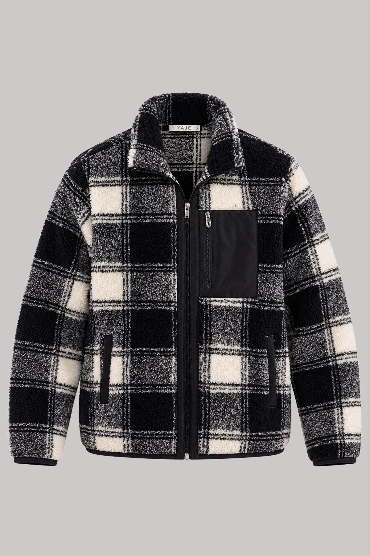 Unisex Siyah Beyaz Ekru Kareli Ekose Desenli Peluş Mont – Dik Yaka, Fermuarlı, Çok Cepli, Oversize