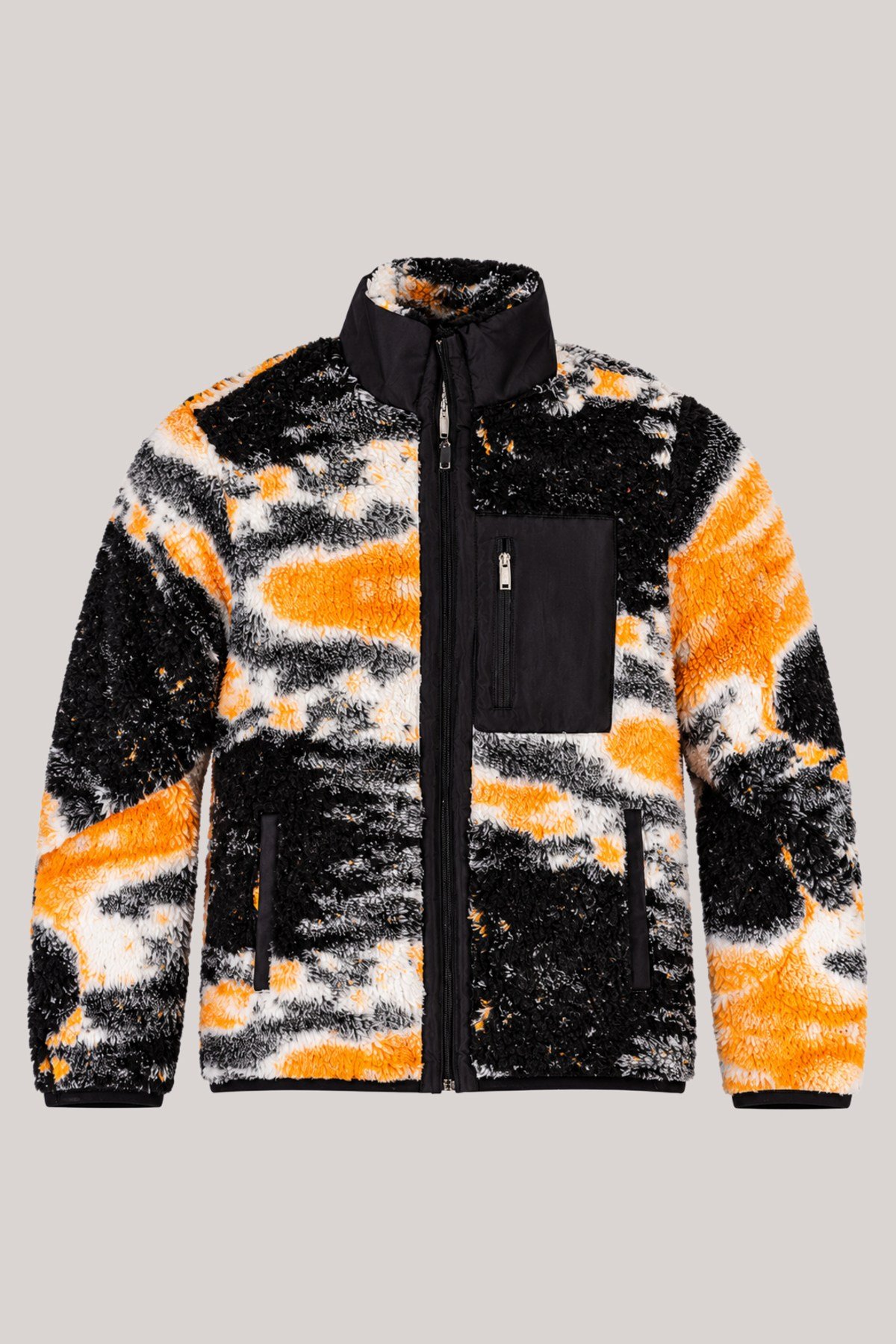 Unisex Siyah Beyaz Turuncu Batik Desenli Peluş Mont – Dik Yaka, Fermuarlı Boyunluk, Çok Cepli, Oversize