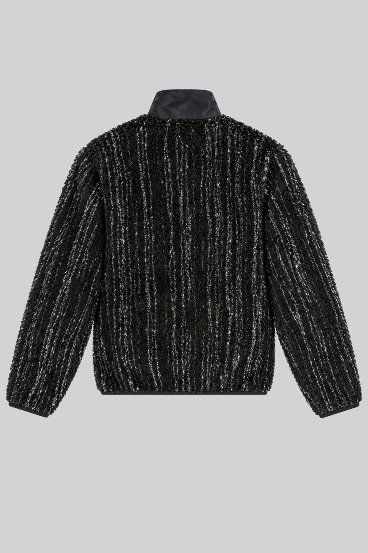 Unisex Siyah Gri Melanj Kanal Dokulu Peluş Mont – Dik Yaka, Fermuarlı Boyunluk, Çok Cepli, Oversize