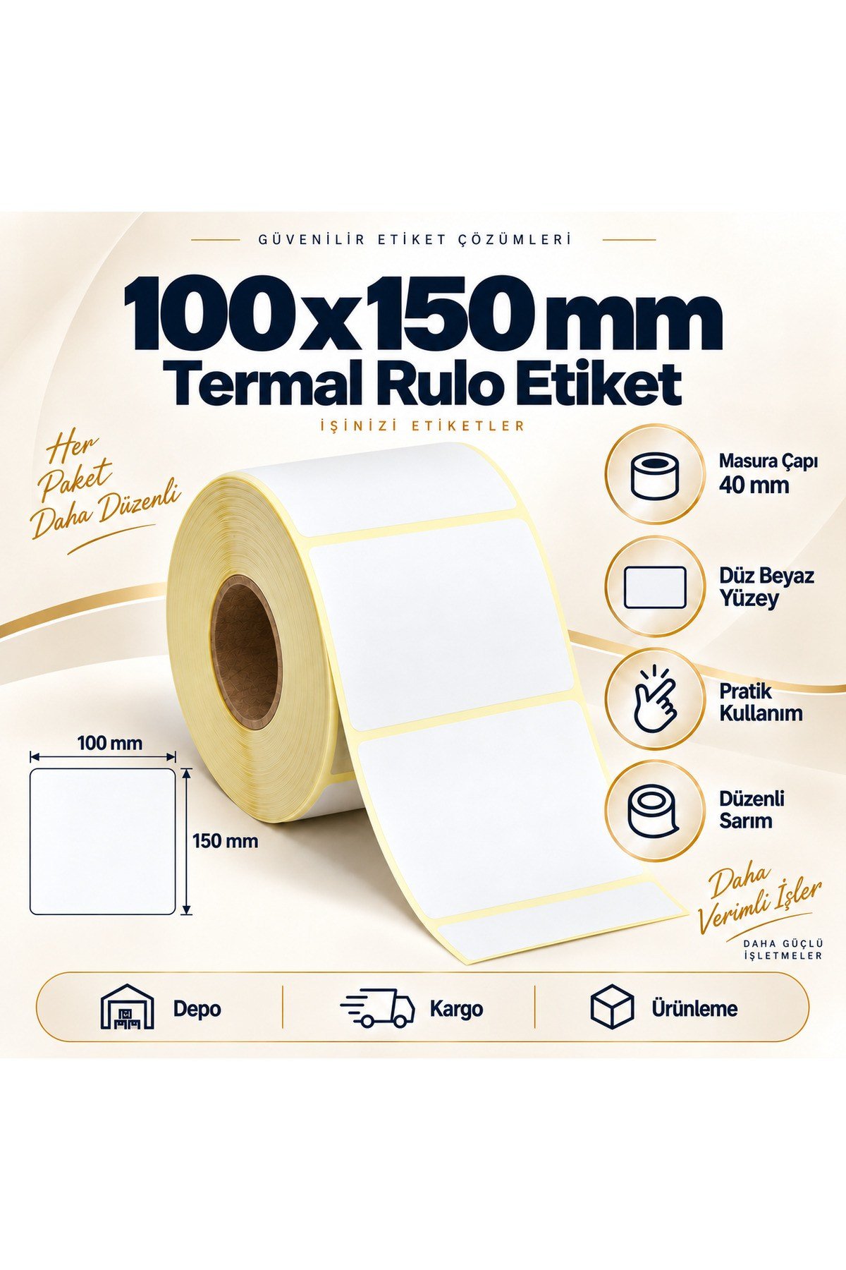 100x150 mm Rulo Termal Ribonsuz Barkod Etiketi 40 mm Masura 350'li Sarım
