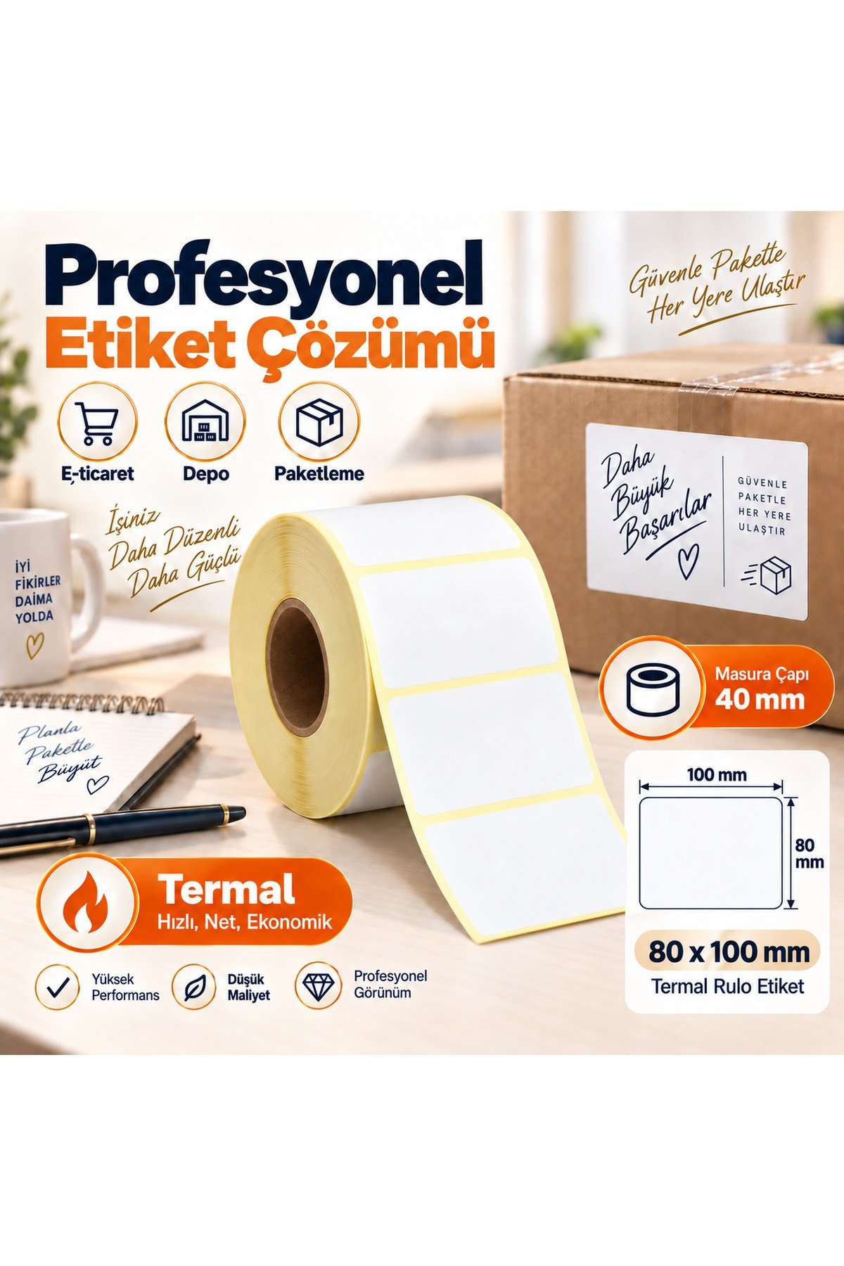 100x80 mm Rulo Ribonsuz Termal Barkod Etiketi 40 mm Masura 500 Sarım