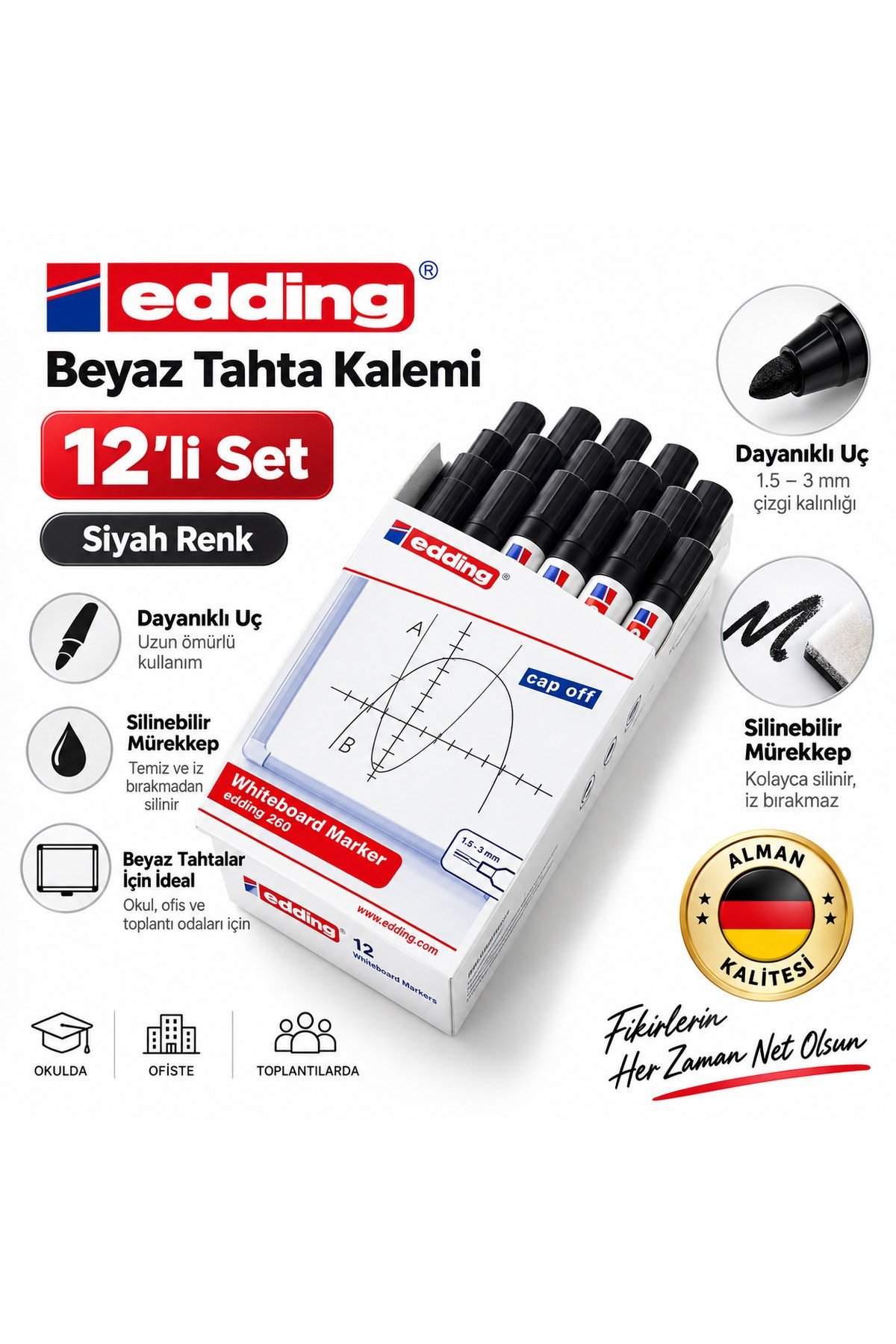 260 Beyaz Tahta Kalemi 12’li Kutu Siyah