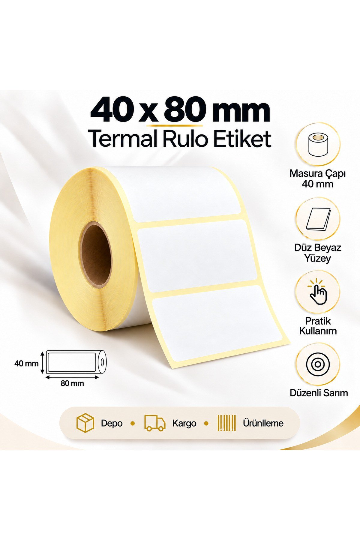 40x80 mm Rulo Termal Ribonsuz Barkod Etiketi 40 mm Masura 1000'li Sarım