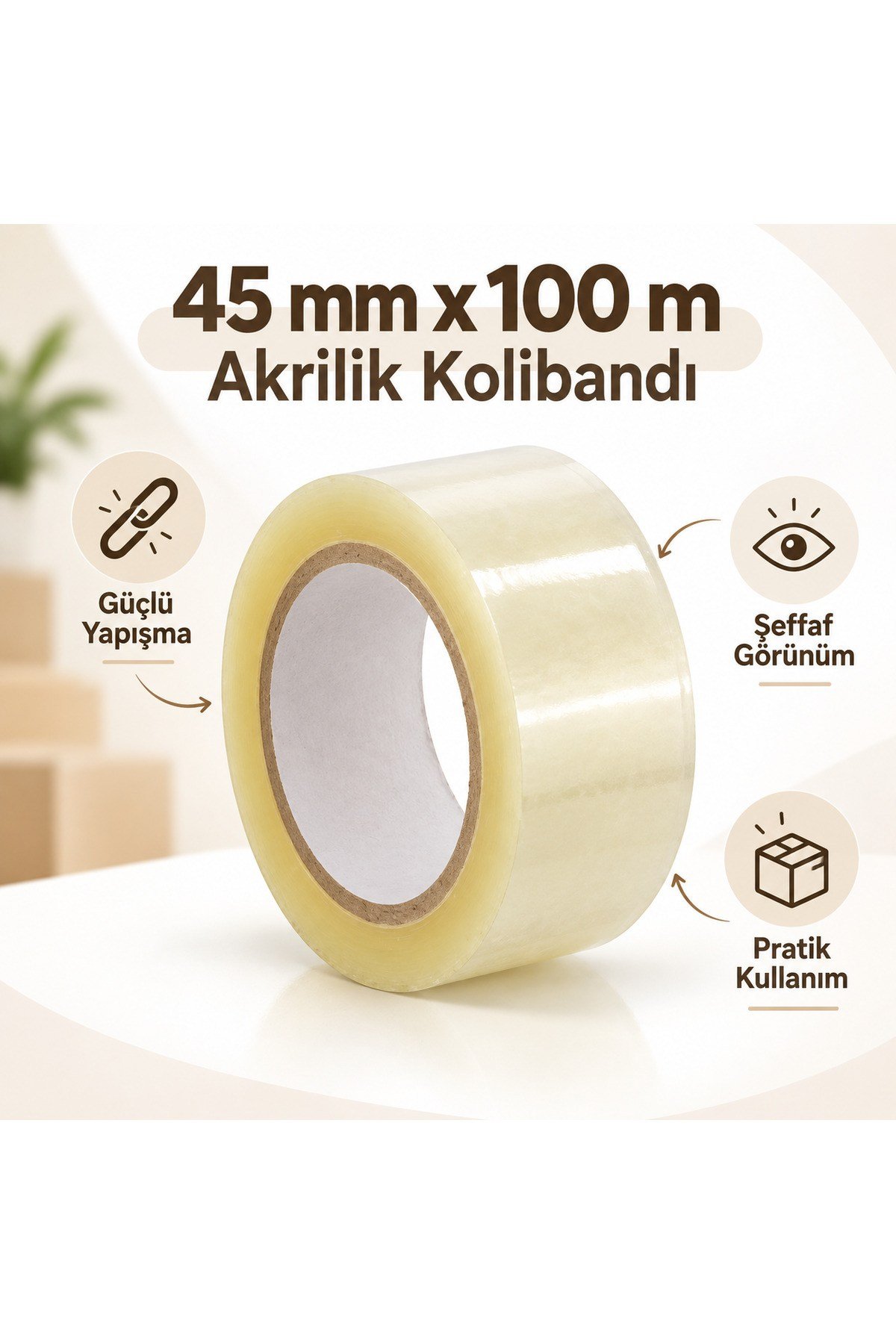 45 mm x 100 m şeffaf akrilik kolibandı 10'lu