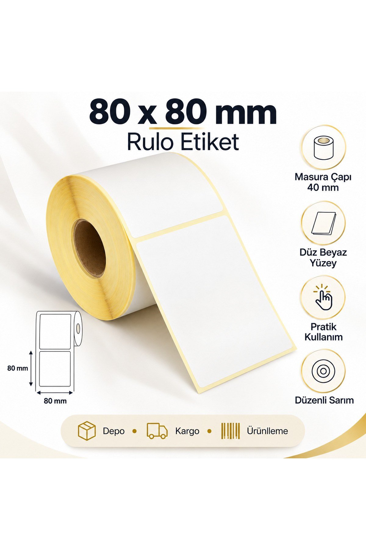 80x80 mm Rulo Ribonlu Barkod Etiketi 40 mm Masura 500 Sarım