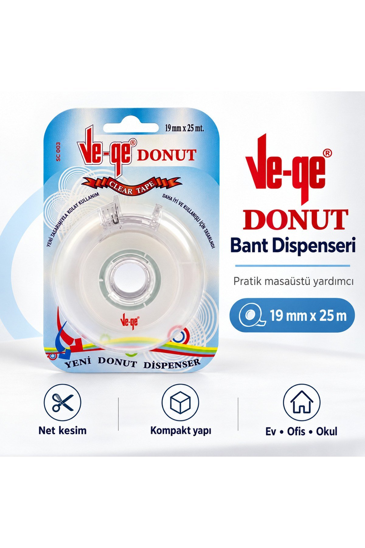 DONUT Şeffaf Bant Dispenseri 19 mm x 25 m