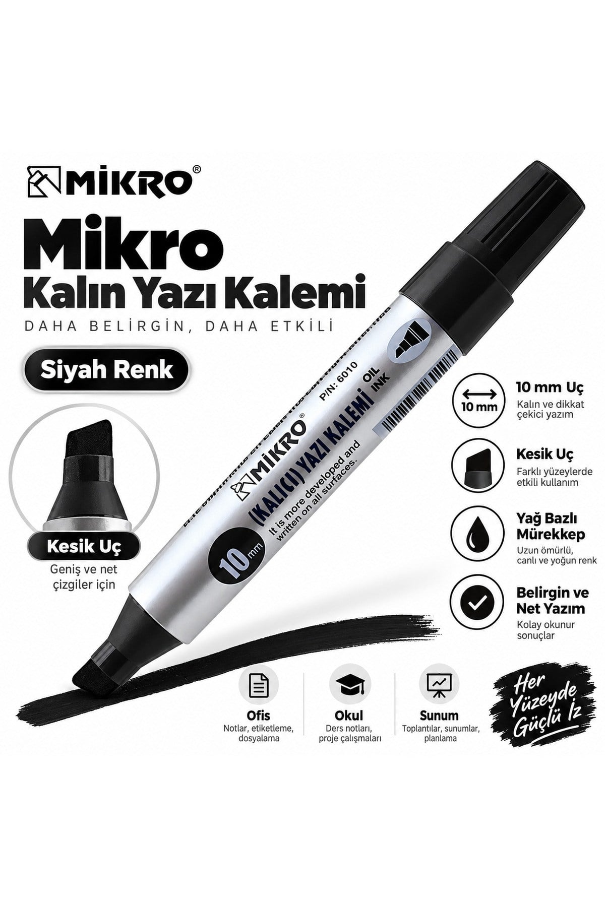 Kesik Uç Siyah Markör Kalem 10 Mm