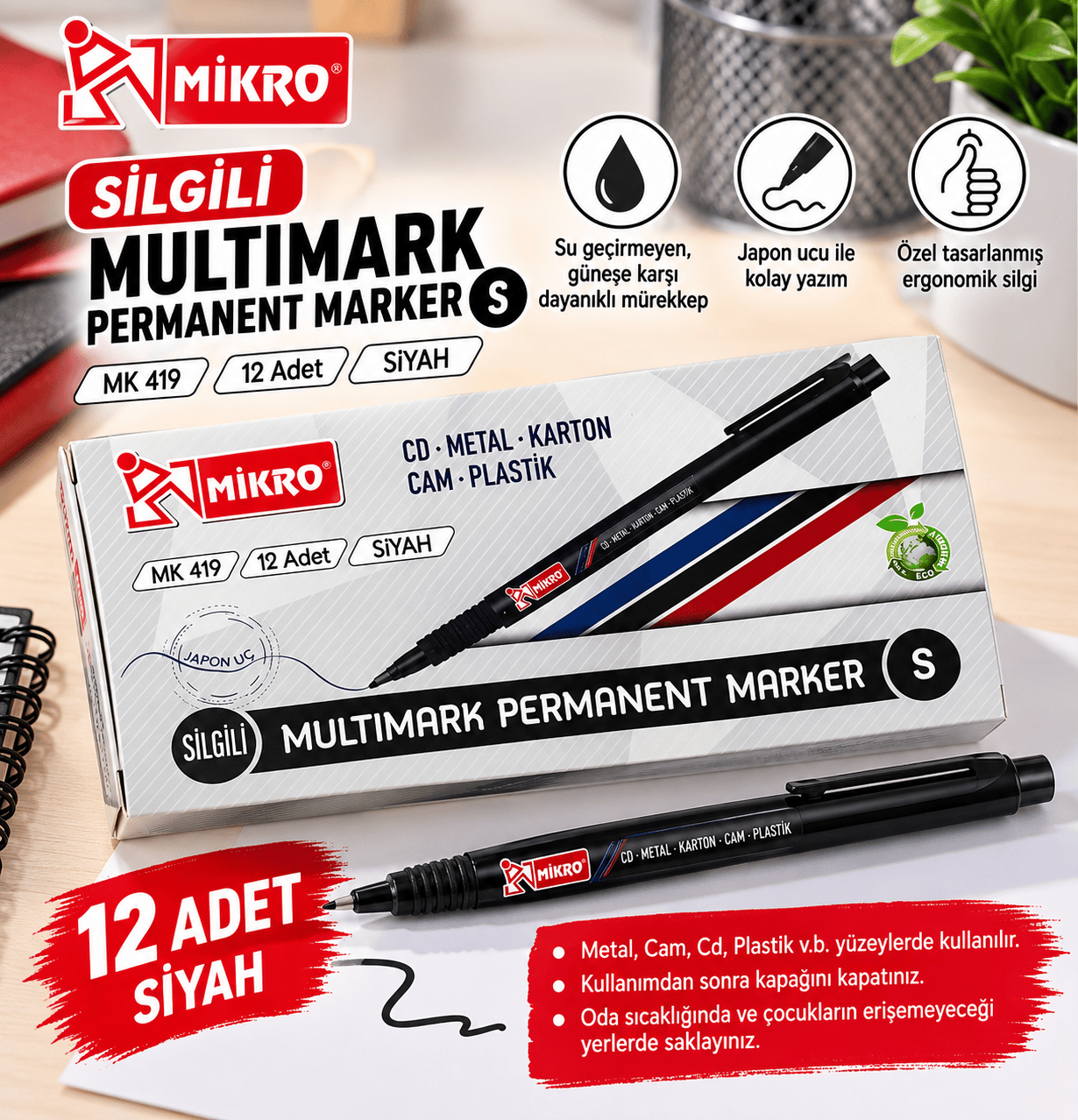 Mavi Silgili Asetat Marker Kalem 12'li Paket