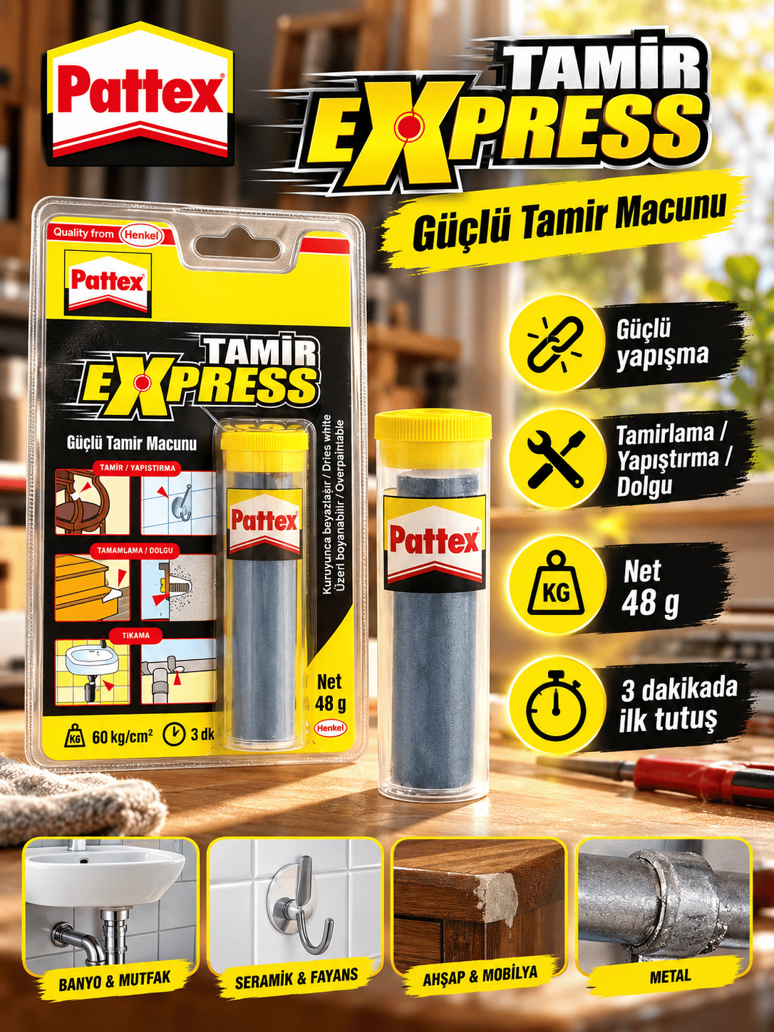 Tamir Express Güçlü Tamir Macunu 48 gr - Hızlı Yapıştırma, Dolgu ve Tamir Macunu