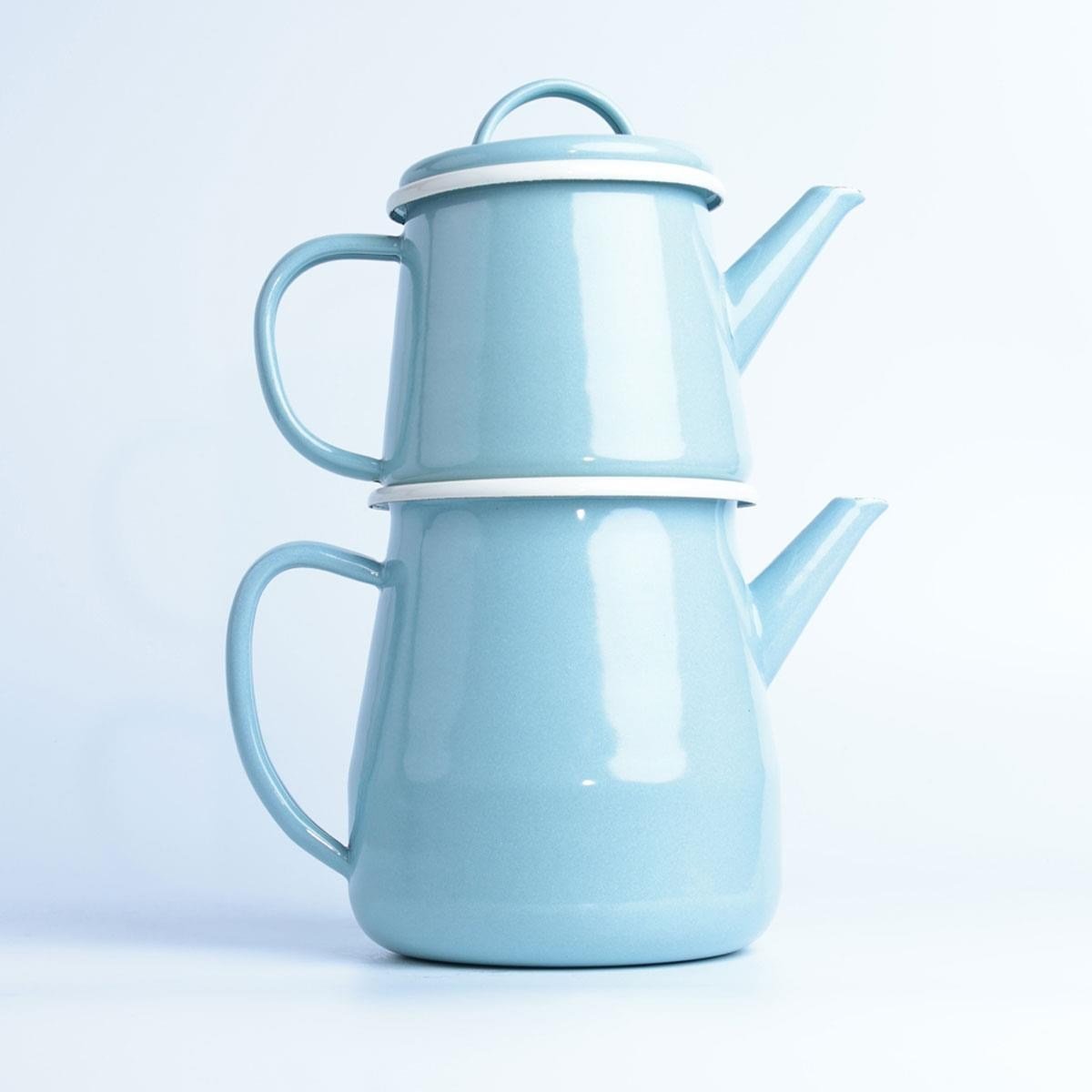 Emaye Çaydanlık Açık Mavi Çelik Sac 1500 ml Set