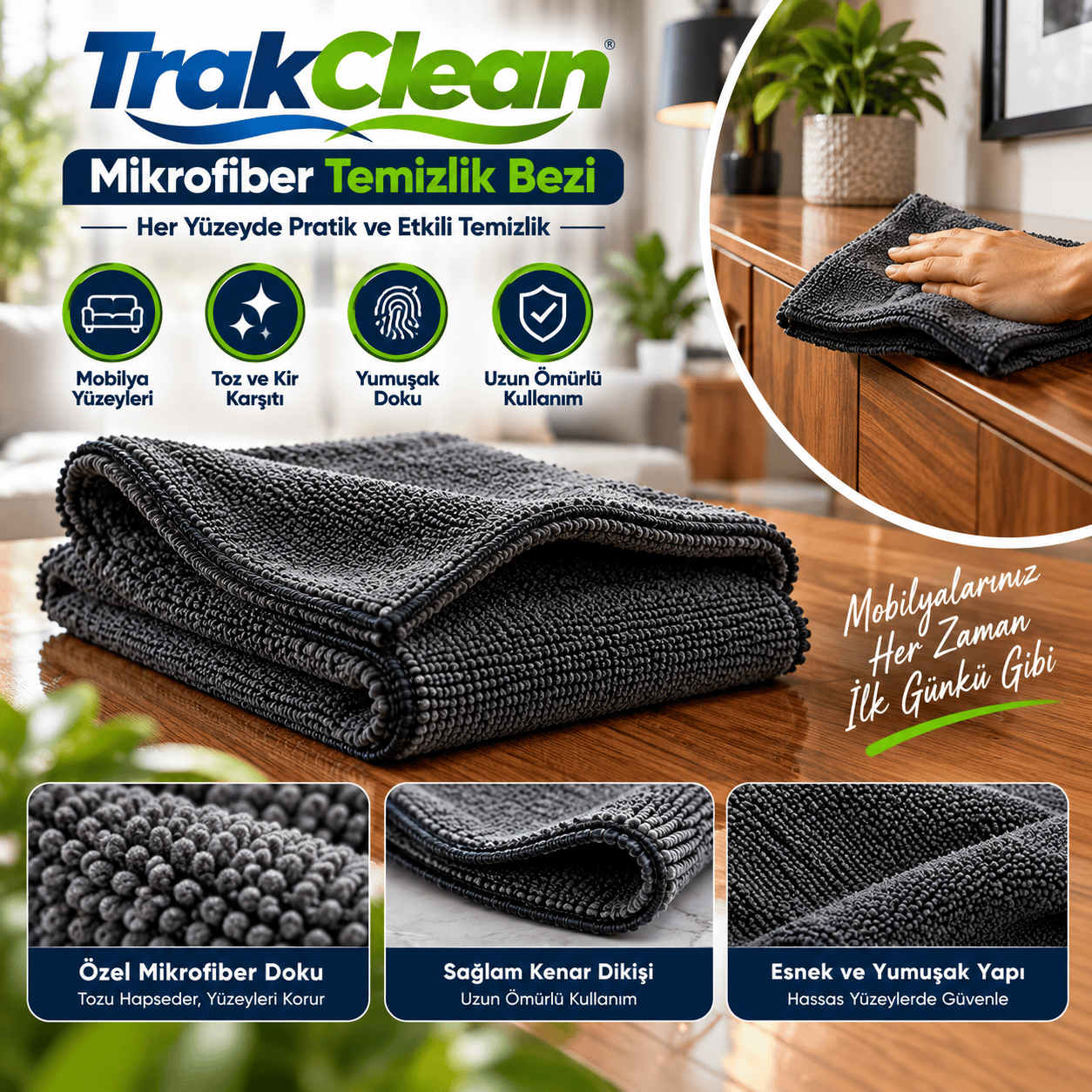 TrakClean Çok Amaçlı Mikrofiber Yüzey Temizlik Bezi 3'lü set