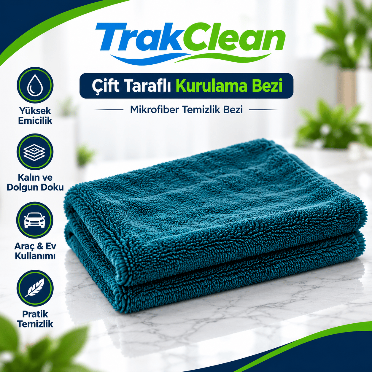 TrakClean Yüksek Emicilikli Çift Taraflı Mikrofiber Kurulama Bezi
