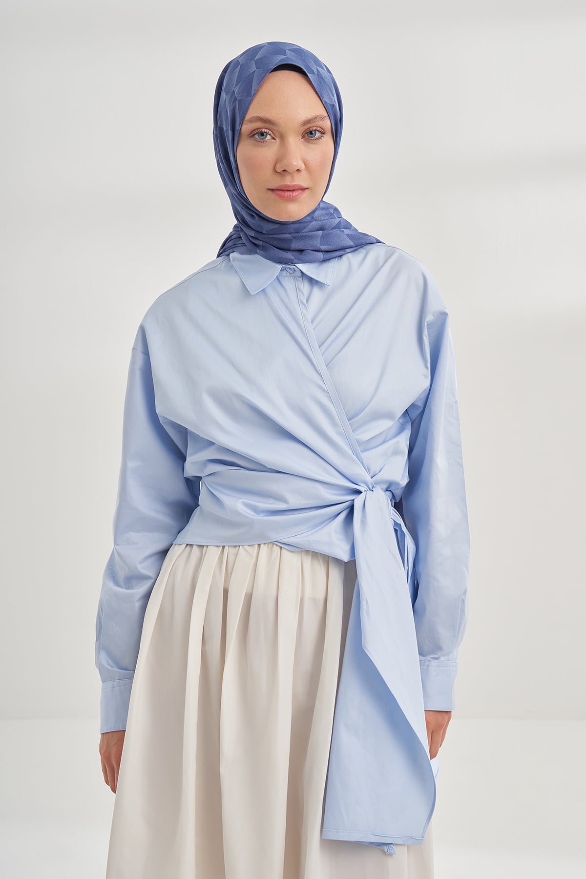 COTTON MONOGRAM GEOMETRİK DESEN ŞAL - İNDİGO