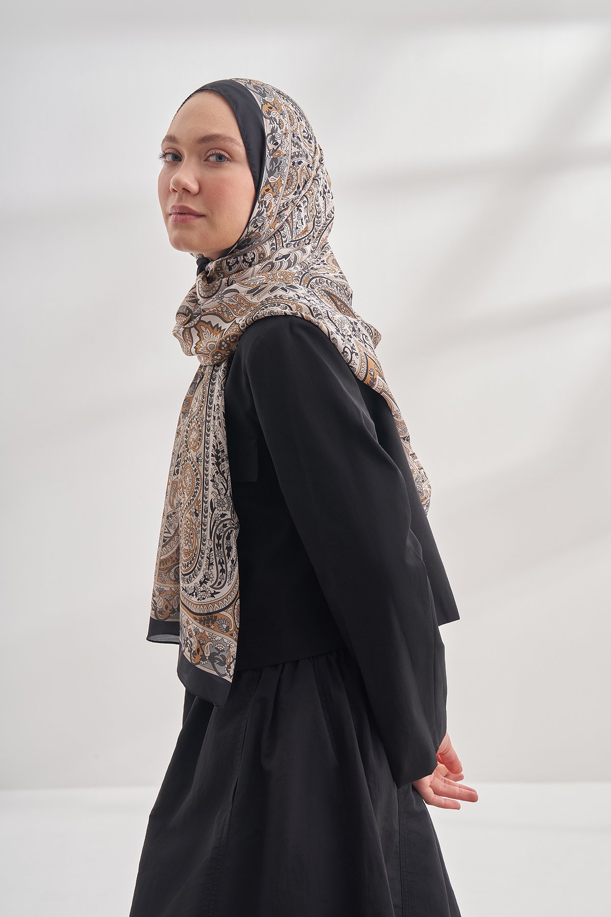 ETHNIC VUAL PASHMINA DESEN ŞAL - SİYAH - KAMEL