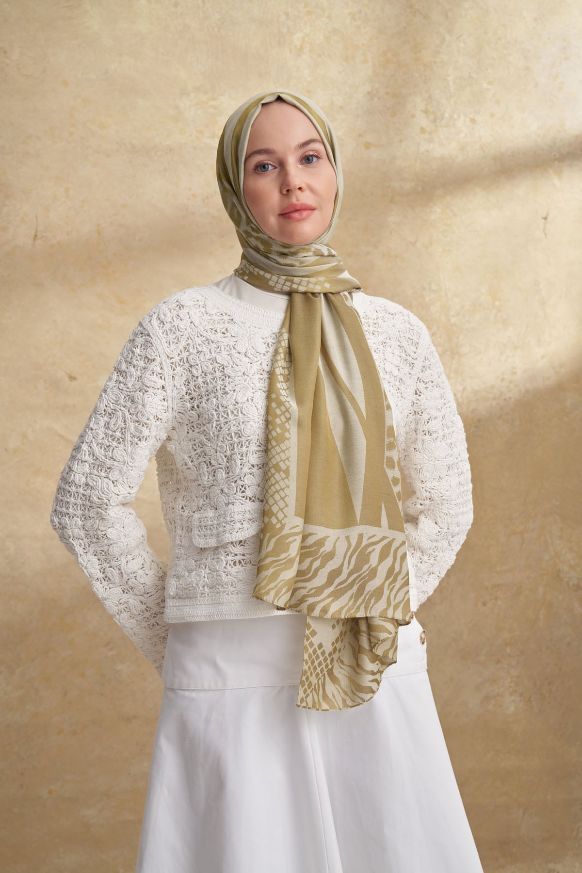 FIORI JAKAR LEOPAR MIX DESEN ŞAL - YAĞ YEŞİLİ