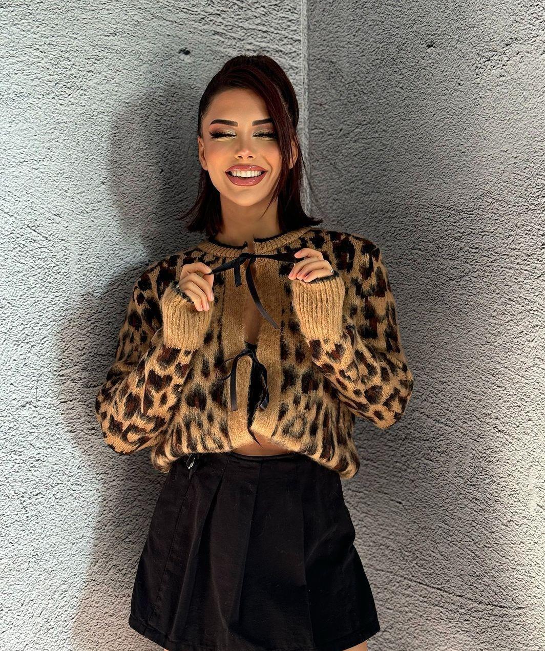 Leopar Desenli Bağlamalı Kadın Hırka
