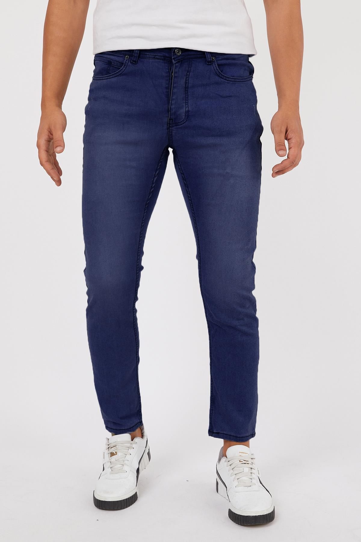 Lacivert Renk Eskitme Erkek Slim Fit Kot Pantolon