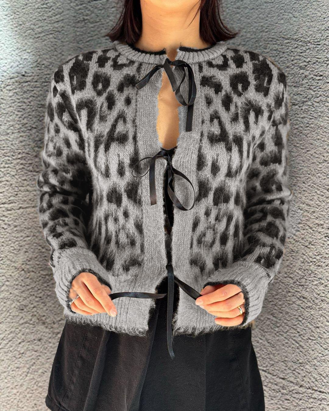 Gri Leopar Desenli Bağlamalı Kadın Hırka