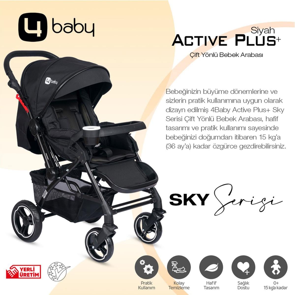 4 Baby Active Plus Sky Çift Yönlü Bebek Arabası Siyah