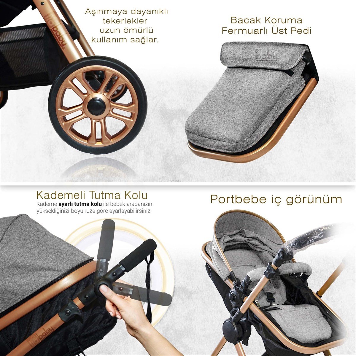 4 Baby Comfort Gold Travel Sistem Bebek Arabası Pusetli Gri